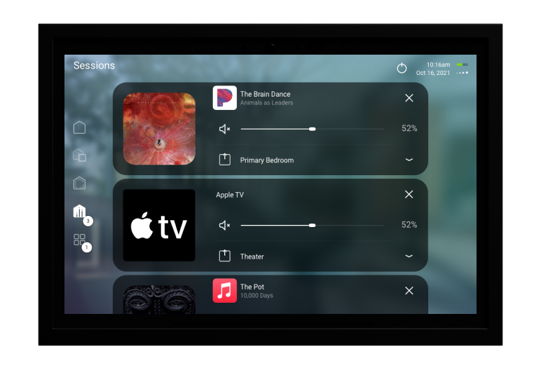 Control4 T5 touchscreen showing music and entertainment sessions
